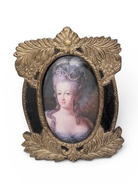 Antique Ornate Wood and Silver Metal Relief Frame with Marie Antoinette